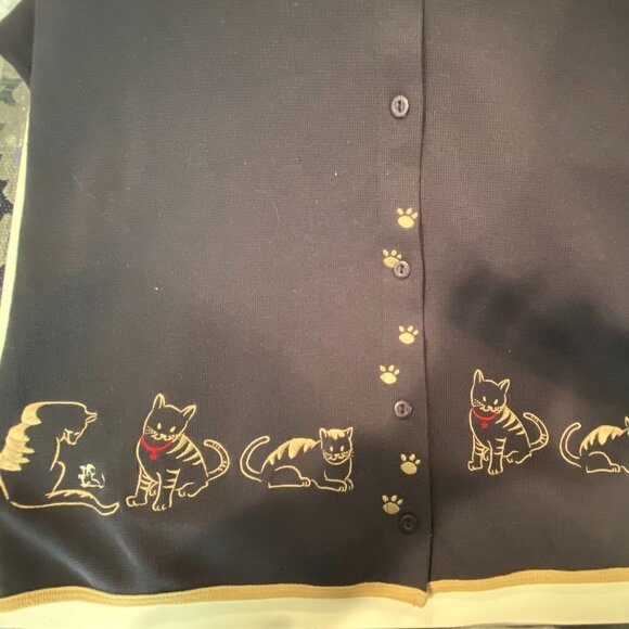 Ms Lee Navy Cardigan with Cat accents Size Petite Large - Picture 3 of 6